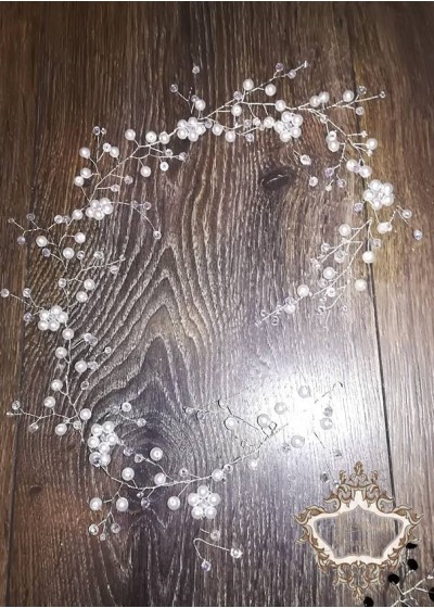 Украса за прическа за сватба с перли и кристали  White Flowers 70 см